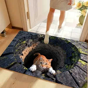 2D Printed Hole Cave Pattern Welcome Doormat Funny Cat Optical Illusion Creative Entryway Rug Soft Comfortable and Practical Floor Mat Suitable for Indoor Living Room and Bedroom Home Decor