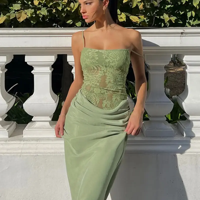 Women's Solid Color Contrast Lace Cami Dress, Elegant Lightweight Sleeveless Spaghetti Strap Backless Dress for Party Club Dating Wear, Ladies Summer Clothes Womenswear