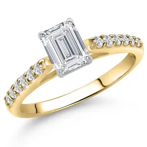0.88 Cttw IGI Certified Lab Grown Diamond in 10K Yellow and White Gold Engagement Ring for Women | Emerald Cut Center Diamond 0.70 Ct | D-E Color | VS1-VS2 Clarity