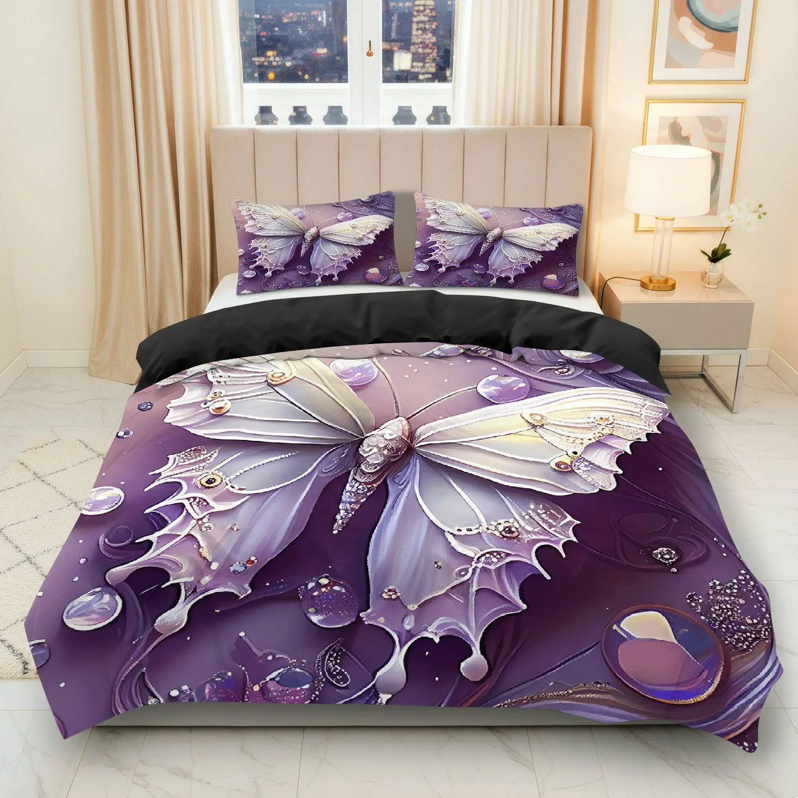 3PCS Duvet Cover Set, 1 Duvet+2 Pillowcases(Without filler), Butterfly Purple Fantasy Elegant Dream theme, Christmas bedding set, Luxury Bedroom Set Suitable for decoration Bedroom Living Room Guest Room Hotel