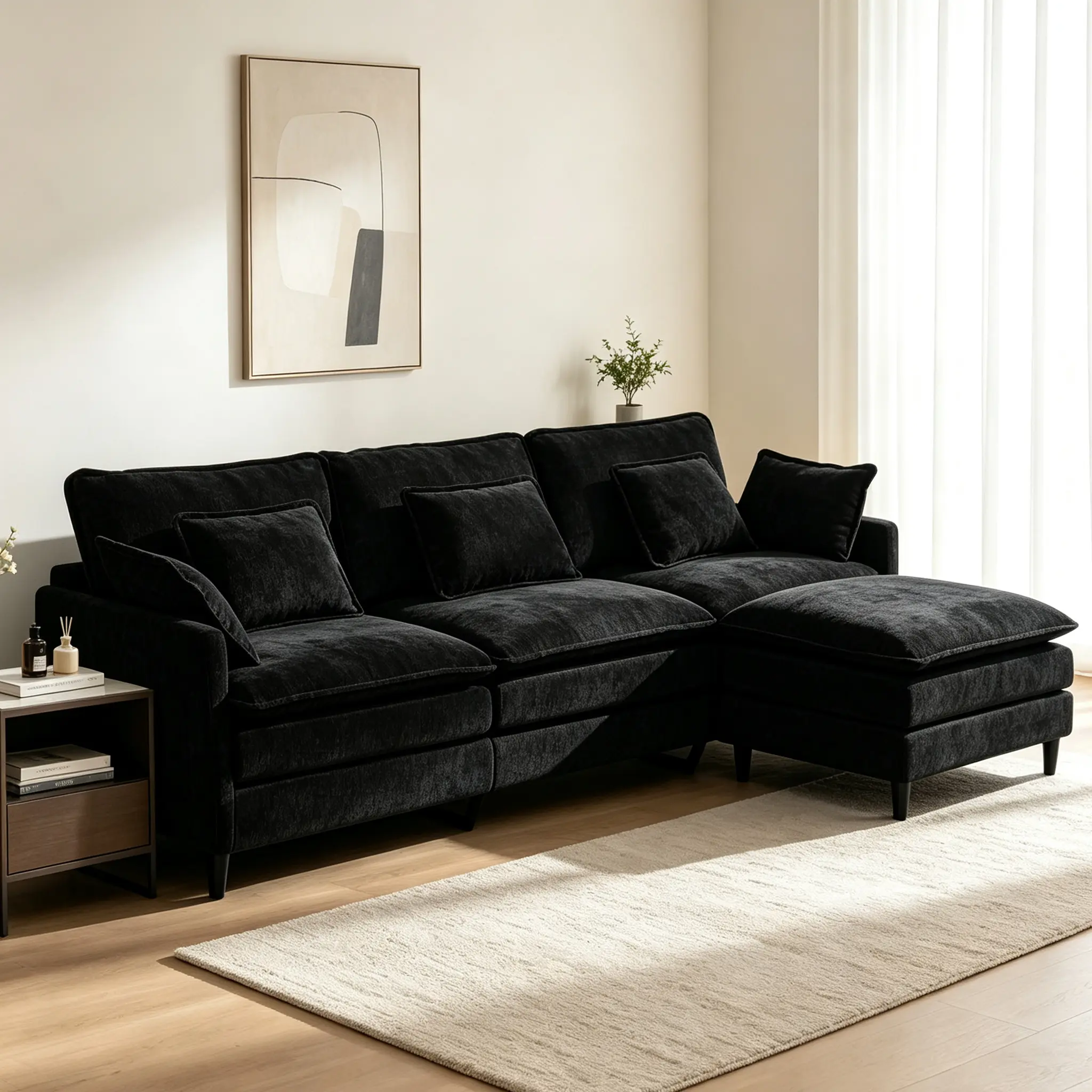 [3 Packages Shipping] 113" Chenille Convertible L-Shaped 3-Seat Modular Sofa with Ottoman, Side Pockets & 5 Throw Pillows for Living Room (Corduroy Black) - Ships in 2 Boxes, Indoor Living Room Furniture, 4-Piece Sectional Living Room Furniture
