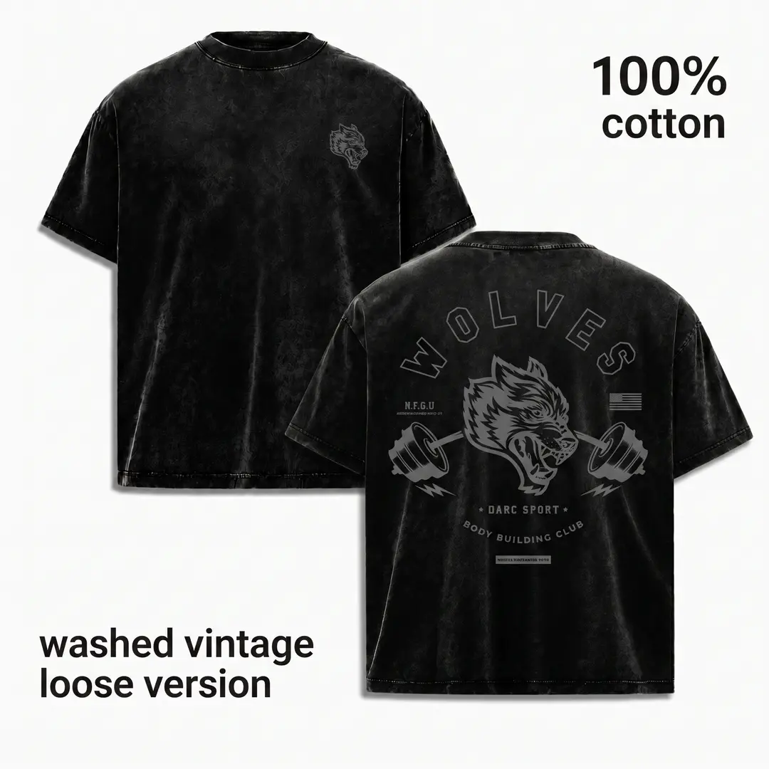 Men's 100% Cotton Loose Fit Short Sleeve Graphic Tee - Retro Washed Black Casual Menswear Top, Barbell & Fierce Wolf Back Print, Old School Gym Pump Cover for Lifters (Multi-Size)