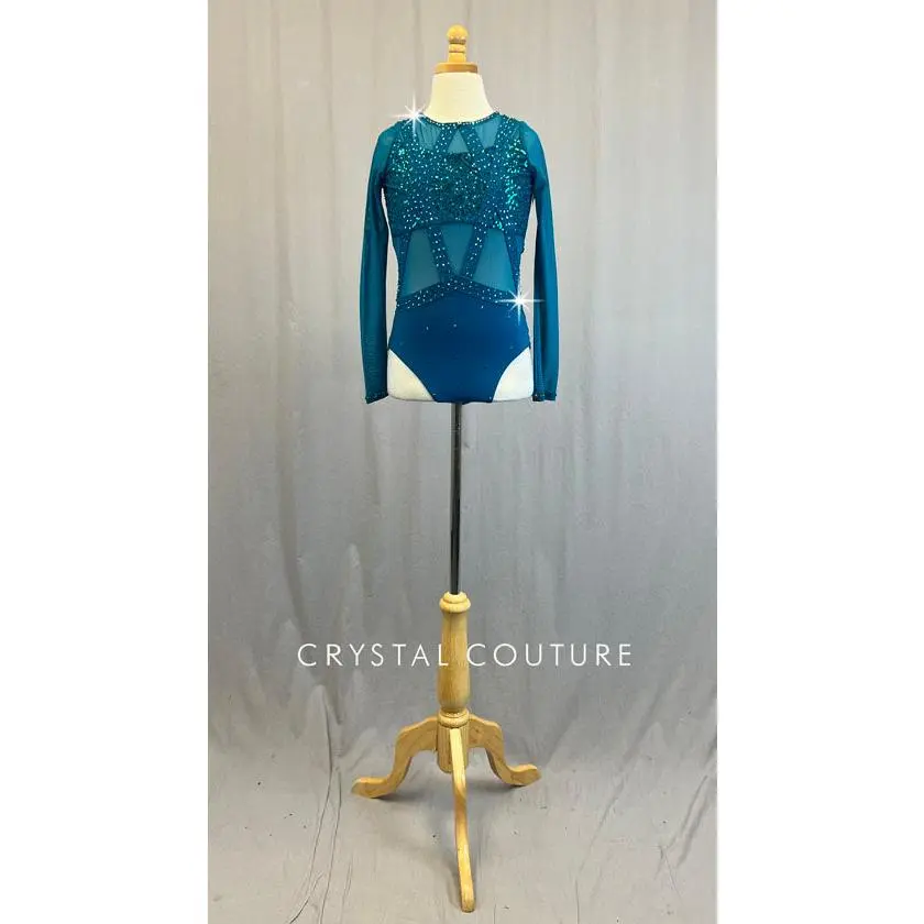 Teal Sequin Leotard with Mesh Sleeves and Cutouts - Rhinestones