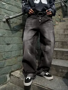 Men's Solid Button Fly Wide Leg Jeans, Loose Casual Comfy Denim Trousers for Daily Wear, Fashion Men's Bottoms for All Seasons, Denim Clothing