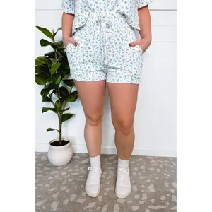 Travel Plans Floral Drawstring Shorts - White/Blue