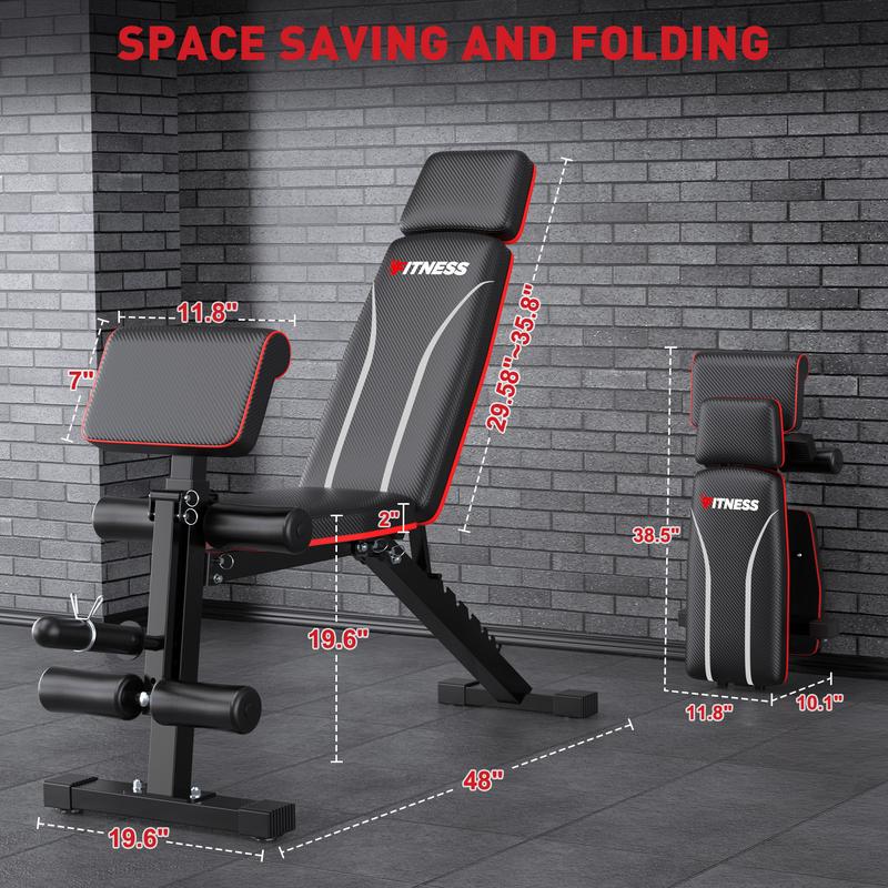 Foldable Weight Bench, 880lbs Weight Capacity , Weight Plate Not Included, Workout Bench Press for Home Gym, Banco Para Hacer Ejercicio Incline Decline Sit up Workout Equipment, Leg Extension and Preacher Pad for Full Body Strength Training