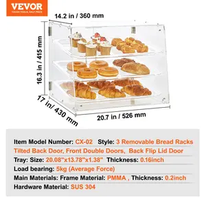 VEVOR Pastry Display Case, 3-Tier Commercial Countertop Bakery Display Case, Acrylic Display Box with Rear Door Access Removable Shelves, Keep Fresh for Donut Bagels Cake Cookie, 20.7x17x16.3