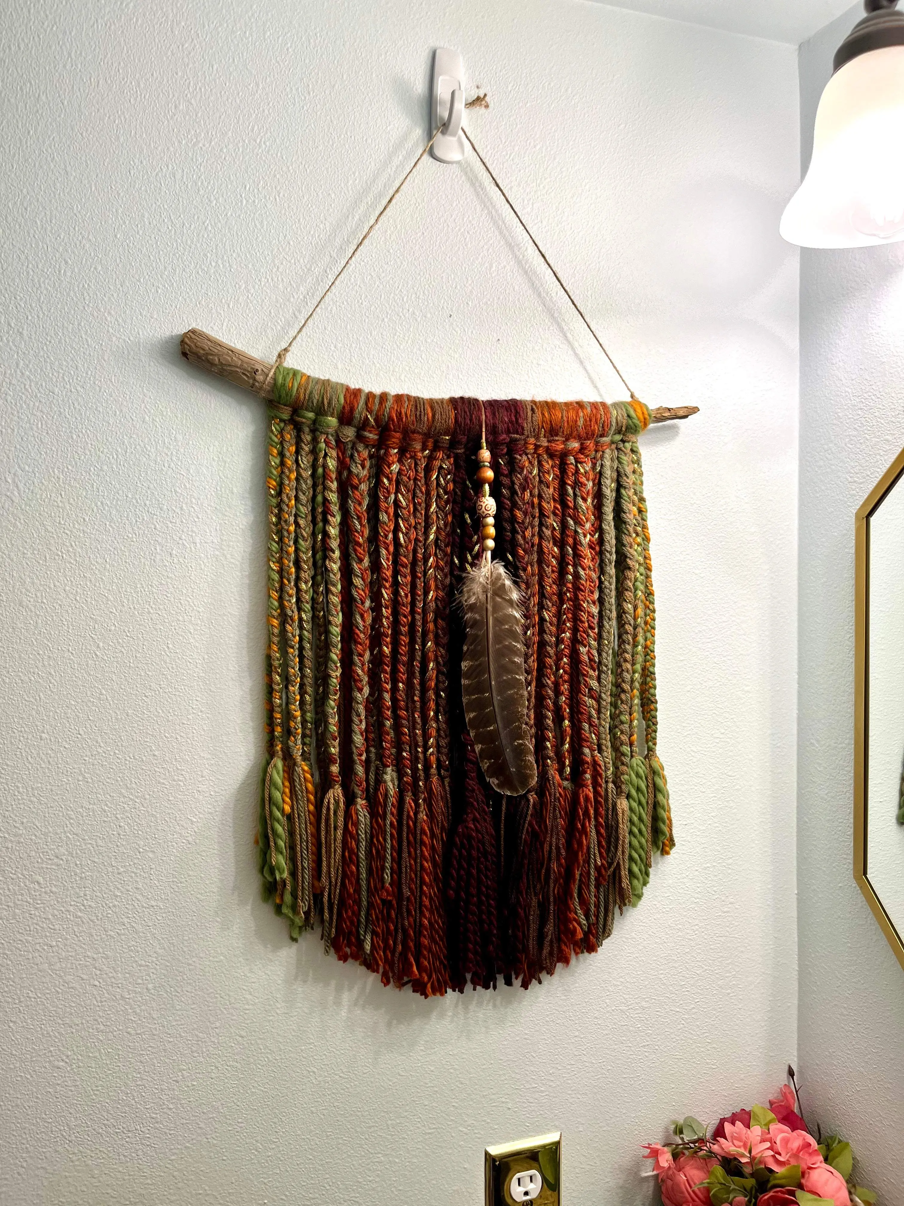 Handmade Driftwood Boho Wall Hanging Decor with Feather and Beaded Centerpiece - 19x30 Inches - Hangable