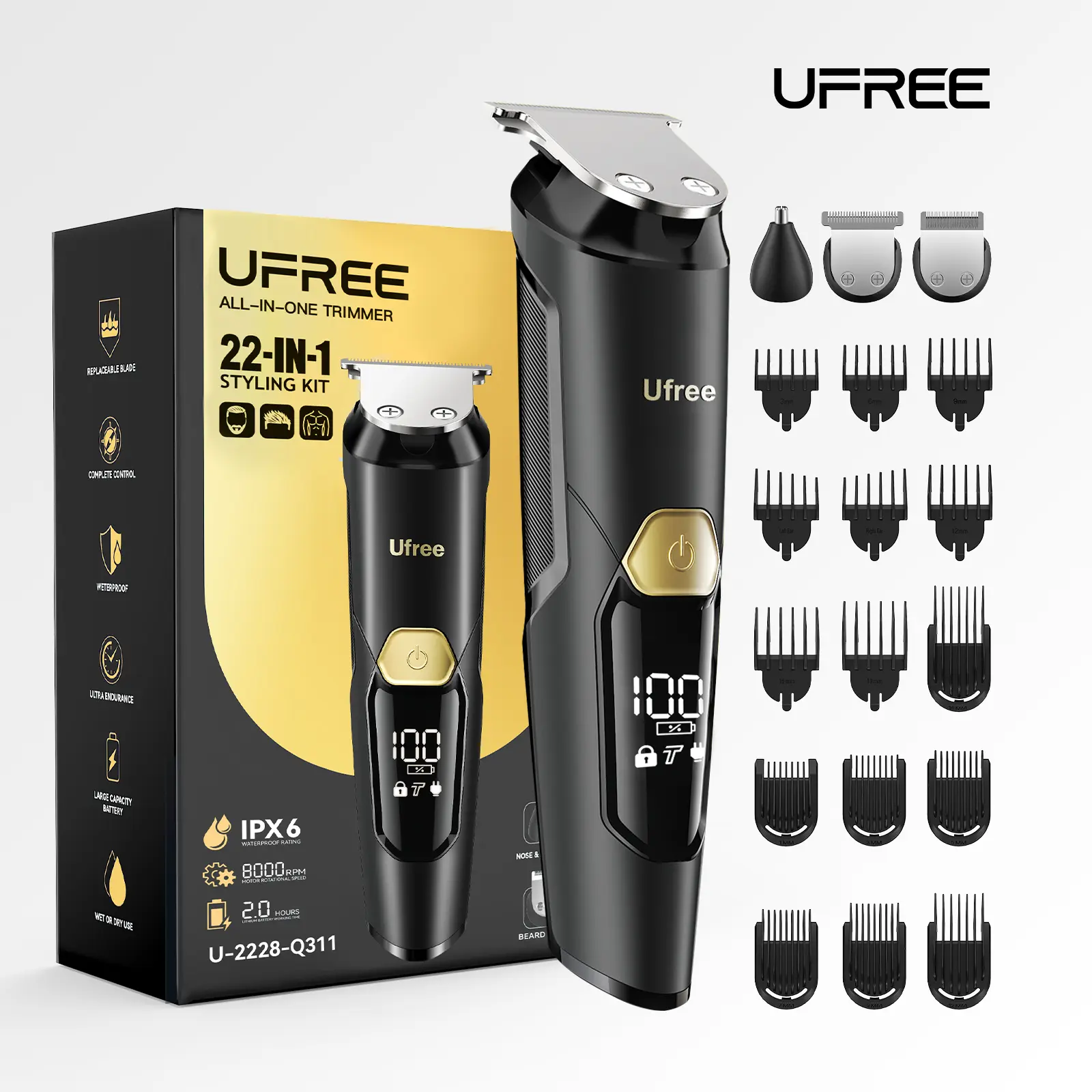 Ufree 3-in-1 Rechargeable Beard Trimmer Set for Men - IPX6 Waterproof Shaving Head, Wireless Haircut Tool, USB Fade Clipper, Type-C Body Grooming Kit, Christmas Gift