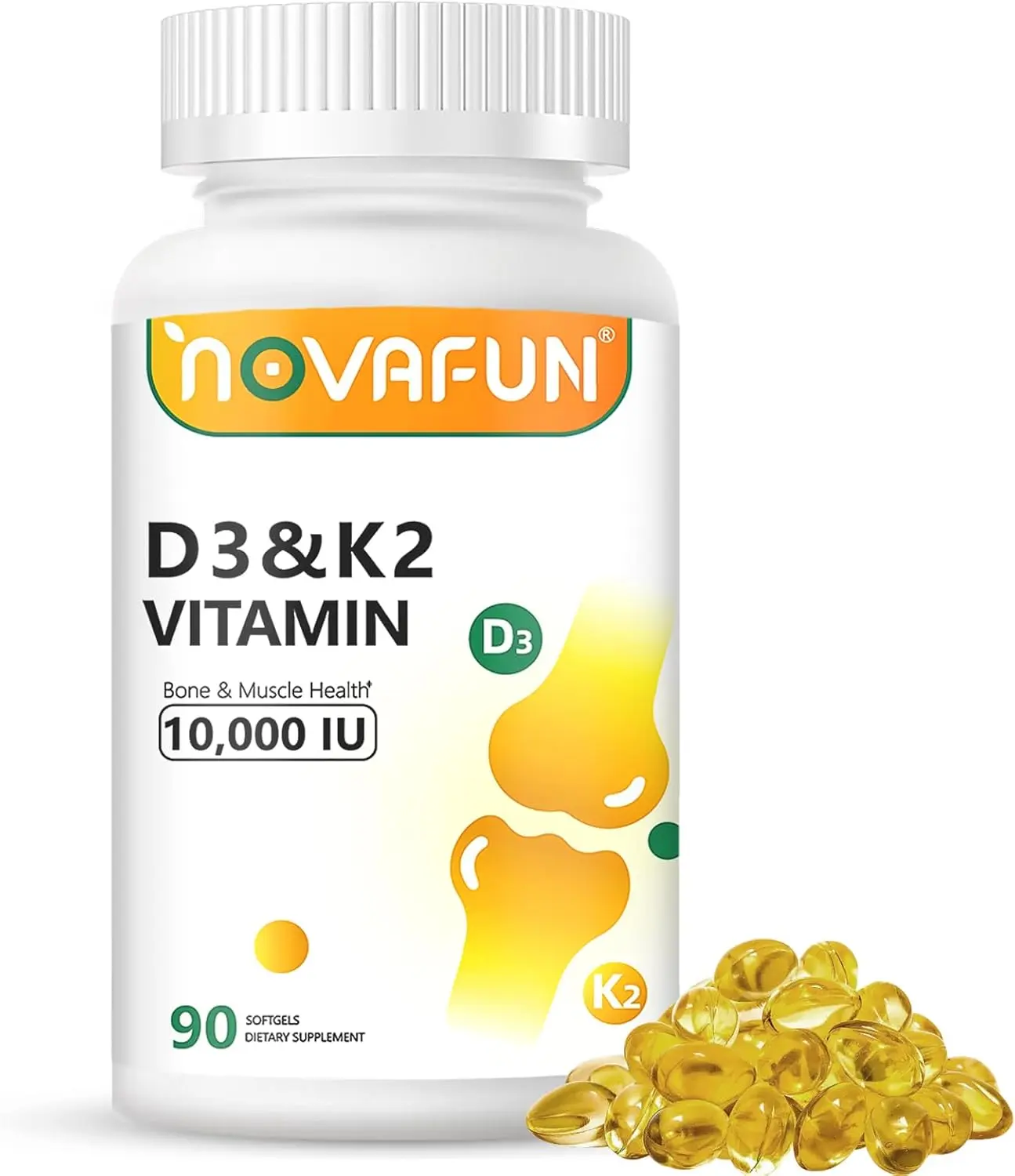Novafun D3 & K2 Vitamin 10000 IU Softgels with Coconut Oil for Bone Teeth Health Support Muscle Heart Fitness 90 Count Capsules