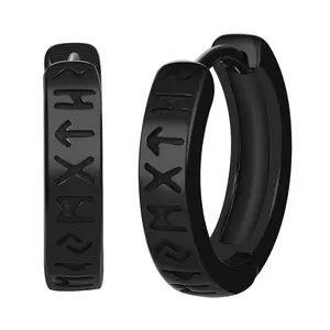 OIDEA Norse Viking Rune Huggie Hoop Earrings, 316L Anti-Rust Steel Metal Hoops (12mm Black Finish), Hypoallergenic Accessories for Men, Men's Accessories