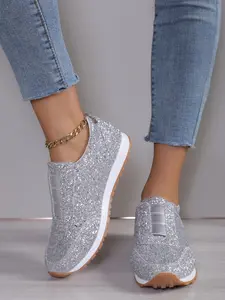 Women's Glitter Sequin Decorated Lace Up Low Top Sneakers, Casual Comfortable Breathable Sports Running Shoes, All-match Basic Shoes for Daily Wear, Girl
