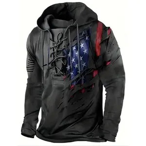 1pc Men'S Plus Size Casual Hoodie with American Flag Print, Vintage-Inspired Geometric Pattern, Polyester Knit Fabric with Slight Stretch, Regular Fit Hooded Sweatshirt country concert outfit clearance deals today Menswear Tops Pullover Long Sleeve