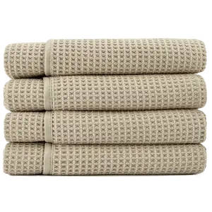 AURA by S&T INC. Waffle Bath Towels, 4 Pack, 30x60 Inches, Tan, Absorbent Microfiber, Versatile for Bathroom & Pool