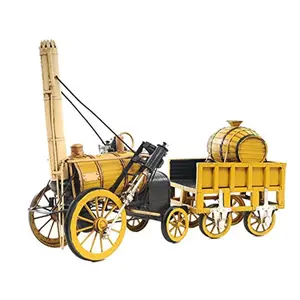 212 MAIN Old Modern Handicrafts 1829 Yellow Stephenson Rocket Steam Engine Metal Model - Iron Frame Collectible Decor Ornament, Small Animal Pet Toy with Seat, Rolling Wheels, Gift