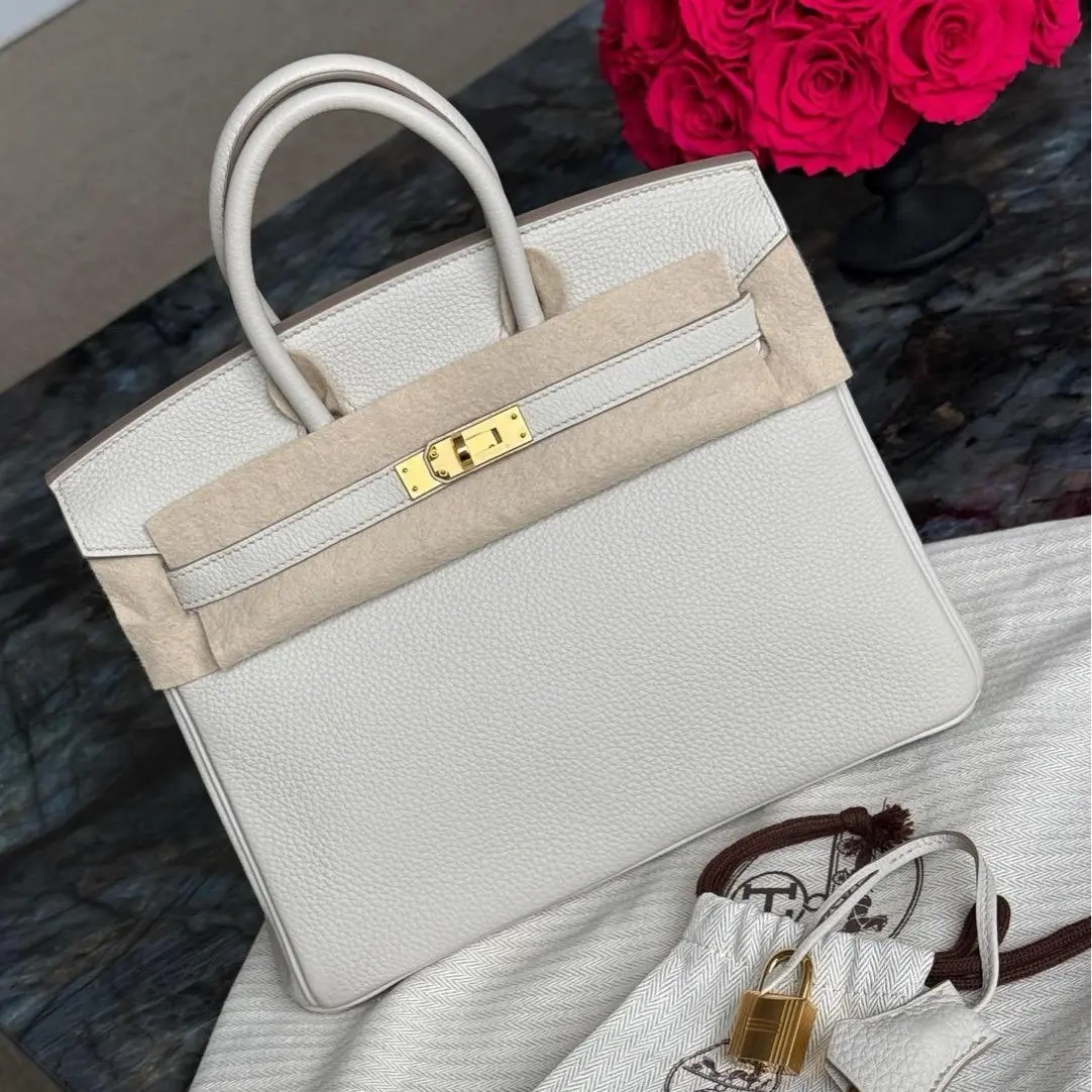 Pre-owned HERMÈS Hermes Birkin 25 BK25 8L Glacier White Beton Togo Leather Gold Hardware U Stamp Top Handle Bag 2605634