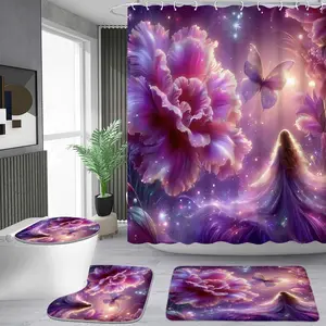 1/4 piece fantasy purple flower butterfly pattern shower curtain set, waterproof shower curtain with 12 hooks, non-slip bathroom carpet, toilet U-shaped cushion, toilet seat cover cushion, bathroom shower curtain set, perfect moving gift.