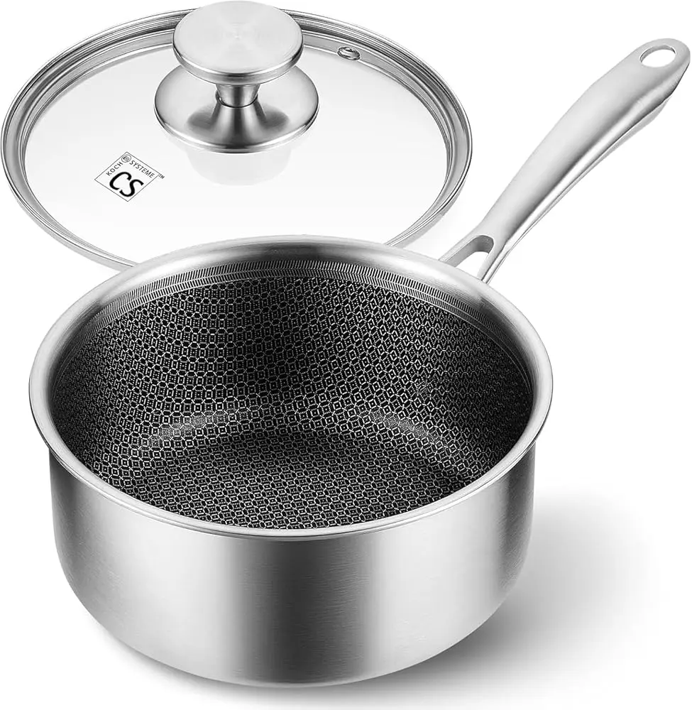KOCH SYSTEME CS Hybrid Nonstick Stainless Steel Saucepan Set, 6-Piece Triply Stainless Steel Saucepan Set with Hybrid Honeycomb Interior, 1QT & 2QT & 3QT Sauce Pans, Induction Ready, Steel Pot Set