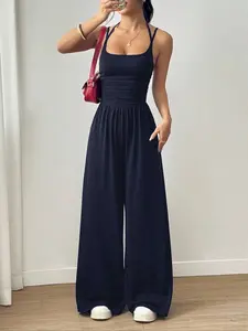 Women's Casual Pleated Loose Straight Jumpsuit, Adjustable Strap, All Seasons Wear, Moderate Fabric Thickness, Comfortable Fit, Casual Comfy Jumpsuit