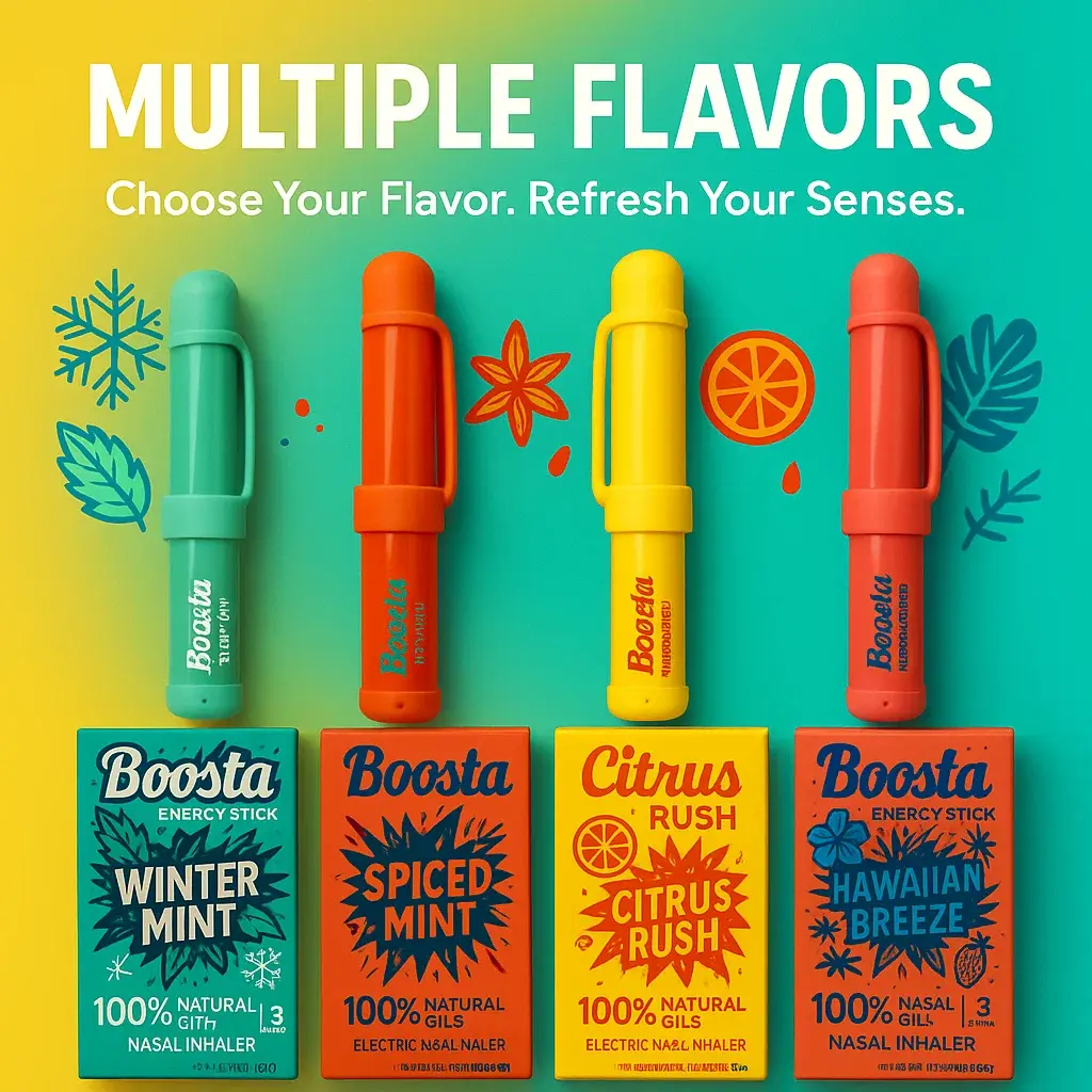 Boosta Electric Nasal Inhaler Stick - Portable & Powerful Essential Oil Vaporizer for Sinus & Congestion Relief, Natural Menthol Peppermint & Camphor, 3-Pack Variety Mix Hawaiian Breeze Citrus Rush Spiced Mint - Boosta Electric Nasal Inhaler Stick - Portable & Powerful Essential Oil Vaporizer for Sinus & Congestion Relief, Natural Menthol Peppermint & Camphor, 3-Pack Variety Mix Hawaiian Breeze Citrus Rush Spiced Mint -
