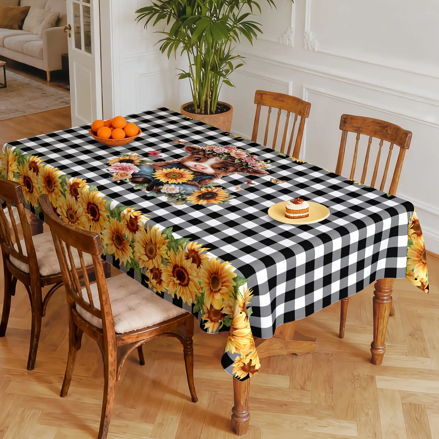 1 piece, Highland cow sunflower tablecloth, buffalo plaid cow sunflower tablecloth for farmhouse home country living room indoor and outdoor round/square/rectangular dining table decoration