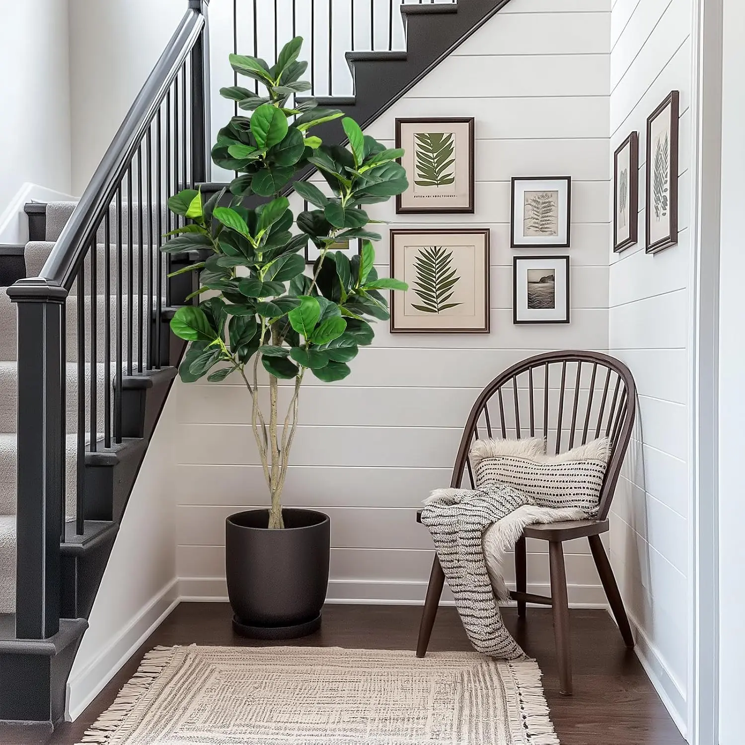 YJ-Garvee Artificial Fiddle Leaf Fig Tree, 120-180 cm (4-6FT), Realistic and Maintenance-Free Faux Ficus Lyrata with Decorative Black Planter Pot, Perfect for Indoor and Outdoor Home, Office, Balcony, or Bathroom Decor