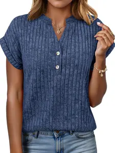 Women's Casual Short Sleeve Ribbed Top, Small V Neck, American Vintage Style, Rolled Hem Batwing Sleeves, Daily Wear, Comfortable and Stylish, Womenswear