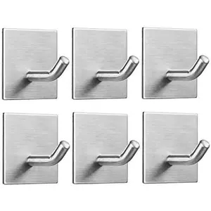 Heavy Duty Adhesive Hooks, Stick on Wall Adhesive Hangers, Strong Stainless Steel Holder, Self Adhesive Hooks for Kitchen Bathroom Home Door Towel Coat Key Robe 6 Packs Silver