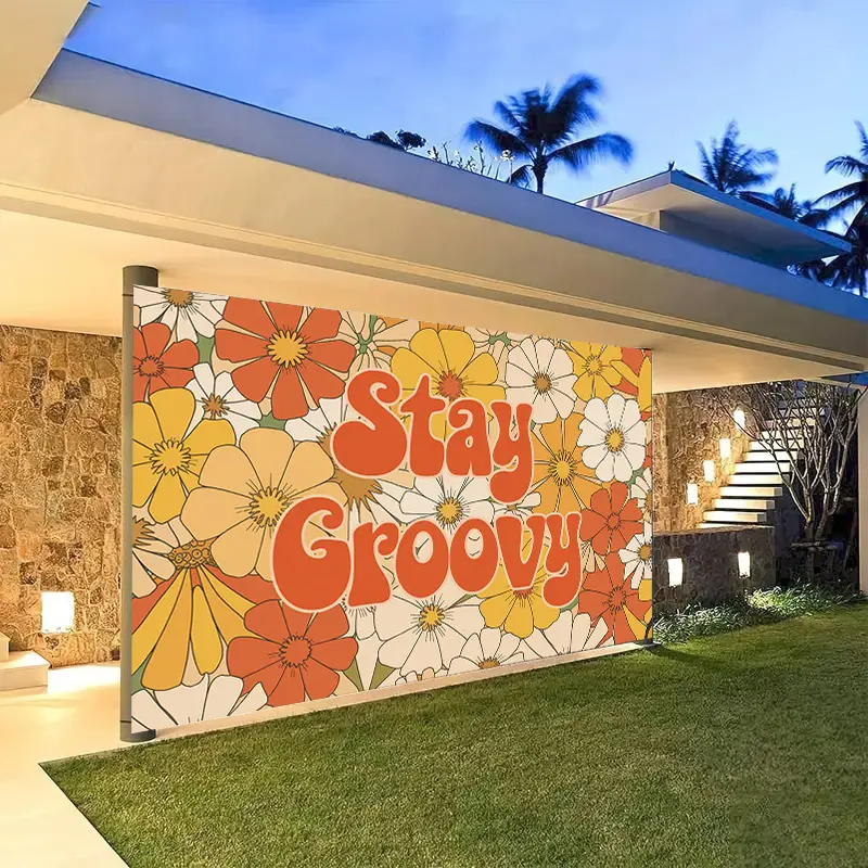 Stay Groovy Floral Backdrop Tapestry Wall Hanging Photography Background Retro Hippie Orange Flower Banner for Birthday Disco Party Studio Celebration Polyester Fabric