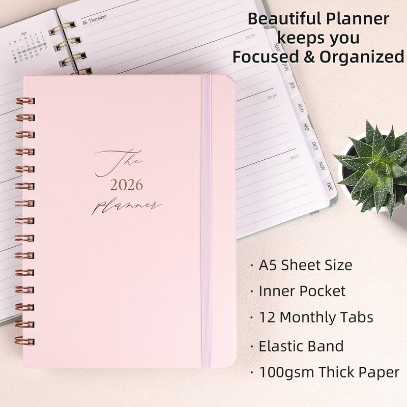 2026 Planner - Weekly and Monthly Planner Spiral Bound, Jan 2026 - Dec 2026, Hardcover Planning Agenda book with Tabs, Inner Pocket, Aesthetic, Academic, Planner Notebook, Perfect for Office Home School Supplies