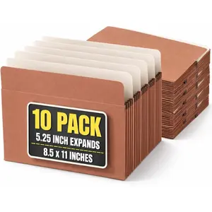Expanding File Pockets, Accordion File Organizer, Letter Size, Brown Redrope, 8 1/2" x 11", 1200 Sheet Capacity, 5 1/4", 10 Pack