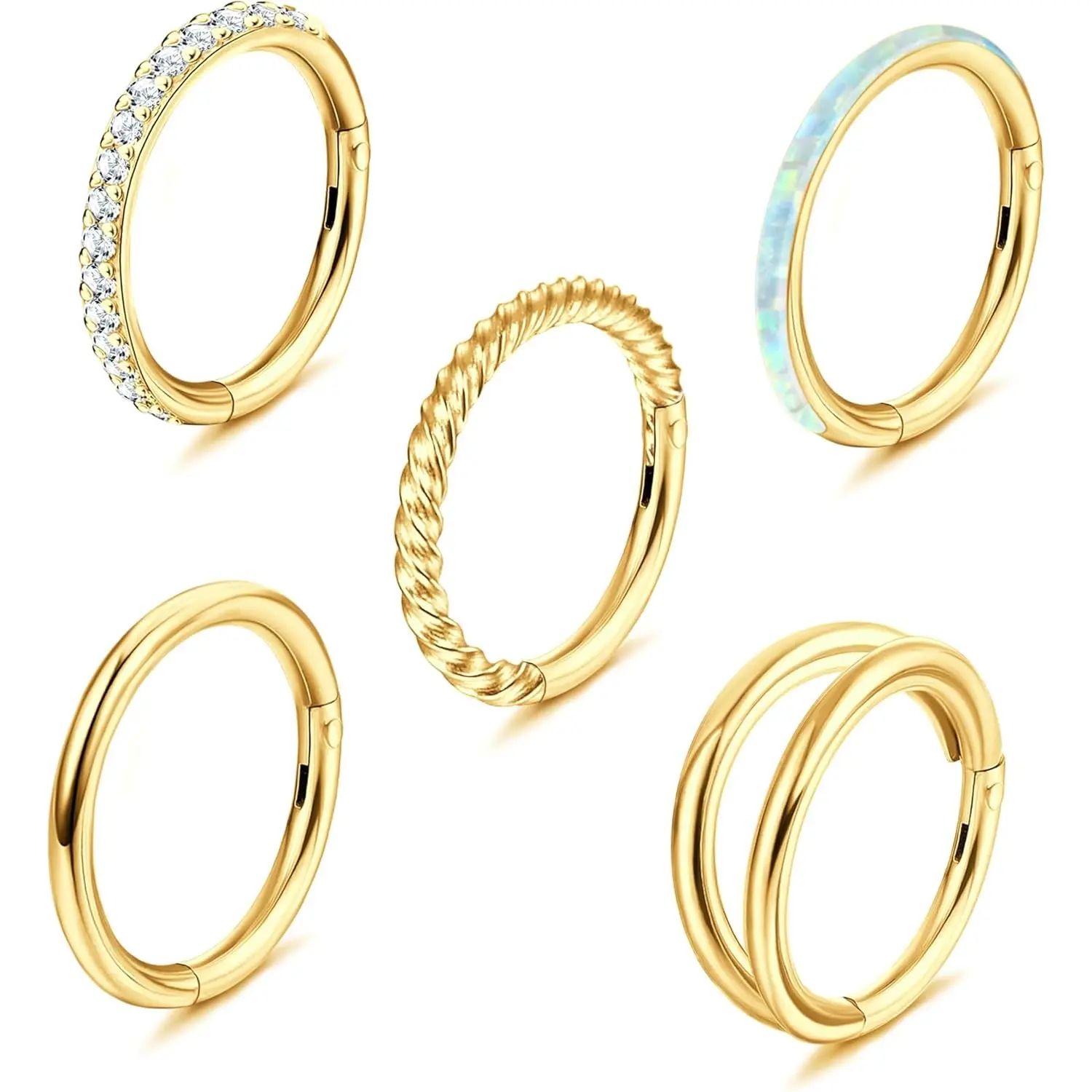 Milacolato Unisex 5Pcs 18G-16G Surgical Steel Click Hinged Nose Rings, Geometric Opal CZ Hoop Jewelry for Daily Use, Fit Septum, Lip, Helix, Cartilage, Daith, Rook, Conch Piercings (8mm, 10mm) summerwins