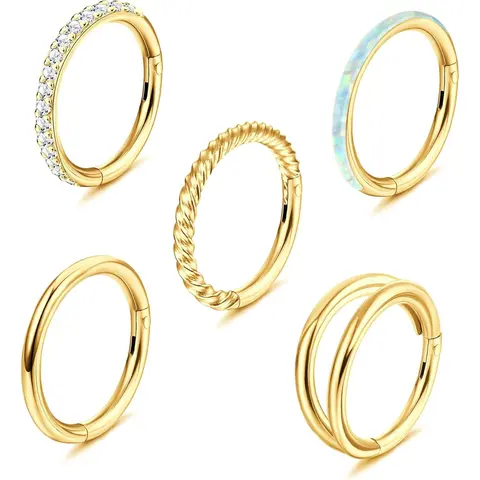 Milacolato Unisex 5Pcs 18G-16G Surgical Steel Click Hinged Nose Rings, Geometric Opal CZ Hoop Jewelry for Daily Use, Fit Septum, Lip, Helix, Cartilage, Daith, Rook, Conch Piercings (8mm, 10mm)