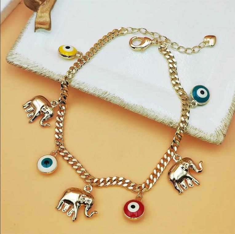 Gold Evil Eye Bracelet Women Elephant Charm Adjustable Protection Lucky Jewelry
