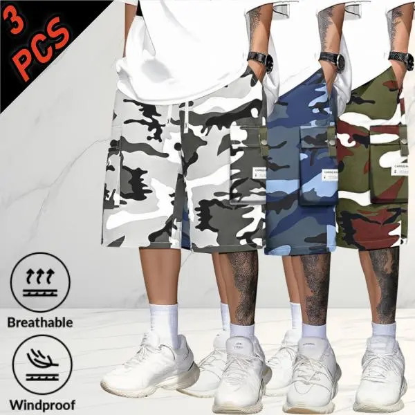 Men’s 3-Pack Army Camouflage Baggy Oversized Cargo Pockets Jorts, Knee-Length, Plus Size, Loose Fit, Assorted Color Block Casual Shorts for Everyday Wear & Outings, Camo Shorts