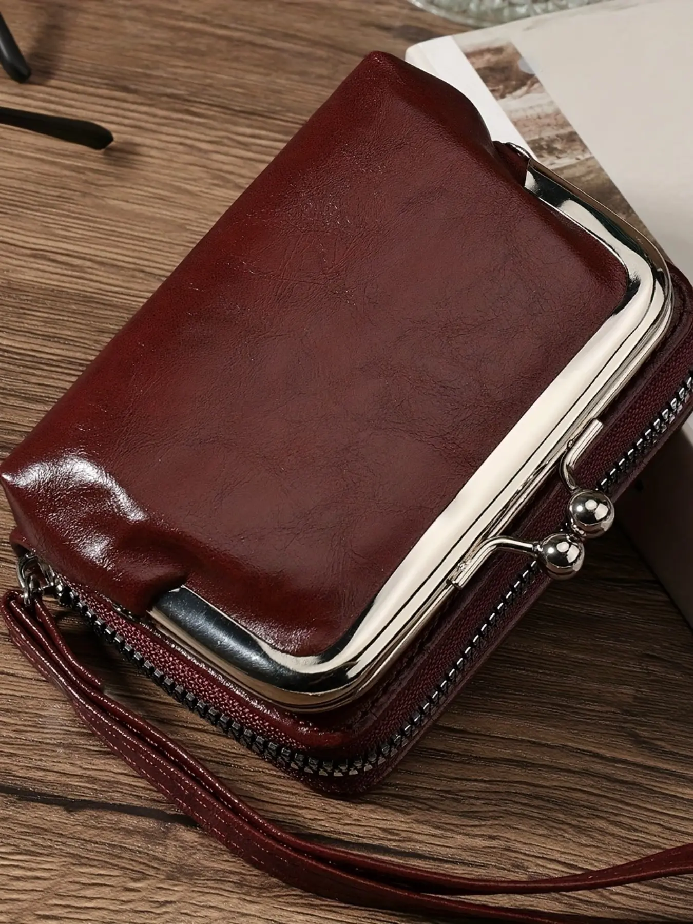 Women's Large Capacity Wristlet Pouch Bag, Multi-Layer Wallet with Card Slots, Coin Pocket, Vintage Style, Burgundy, Business/casual, Gift Idea, Casual Zipper Purse