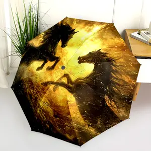 1 PC Automatic Folding Umbrella - Golden Horse Duel Pattern, Portable & Foldable Design with 8 Ribs, Merry Christmas Pattern,Casual Outdoor Accessory Halloween and Christmas Birthday Gifts. B0072
