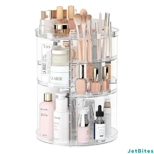 Rotating Makeup Organizer, DIY 8 Adjustable Layers Spinning Skincare Organizer, Cosmetic Display Case with Brush Holder Perfume Tray, Multi-Function Storage Carousel for Vanity Bathroom Countertop