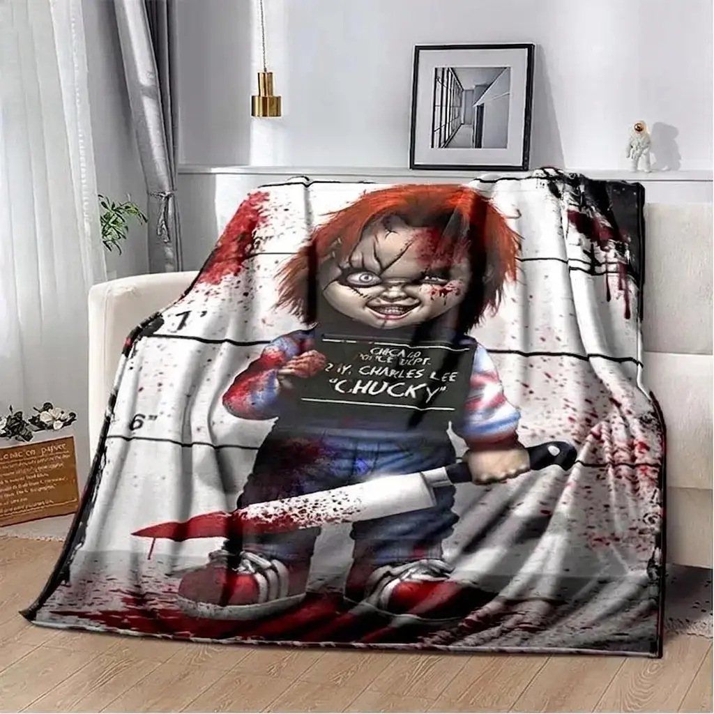 Child's Play Chucky Flannel Blanket, Horror Movie Character Wearable Throw Blanket for Bedding, Home Decoration, Cozy Lounge Use