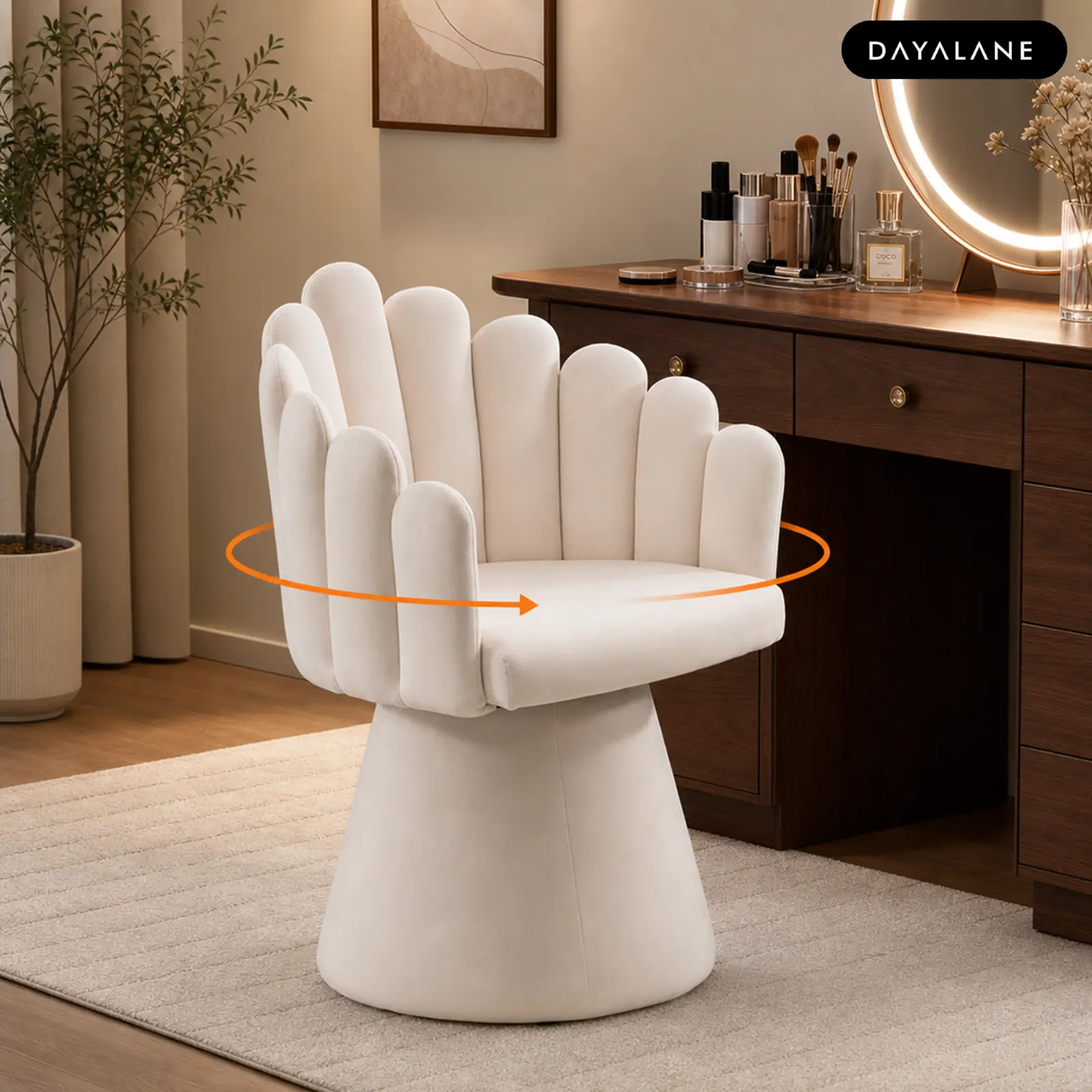 [FallDealForYou]DAYALANE Winnie 360° Swivel Vanity Chair, Upholstered Accent Chairs with Arms, Mid Century Dining Chair with Palm-Shell Silhouette Chenille Beige, Modern Upholstered Armchair, Soft Fabric Chairs