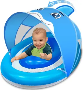 Baby Pool Float with Canopy UPF50+ for Age 6-36 Months 4 Stage Adjustable Canopy and Anti-Tip Safety Seat Dual Air Chambers Inflatable Toddler Floaties Infant Pool Float, Baby Beach Essentials