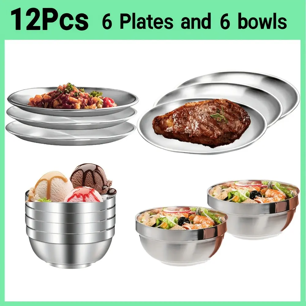 12pcs Camping Tableware: Including 6 Plates And 6 Bowls Stainless Steel Lightweight Durable Family Barbecue Picnic Afternoon Tea