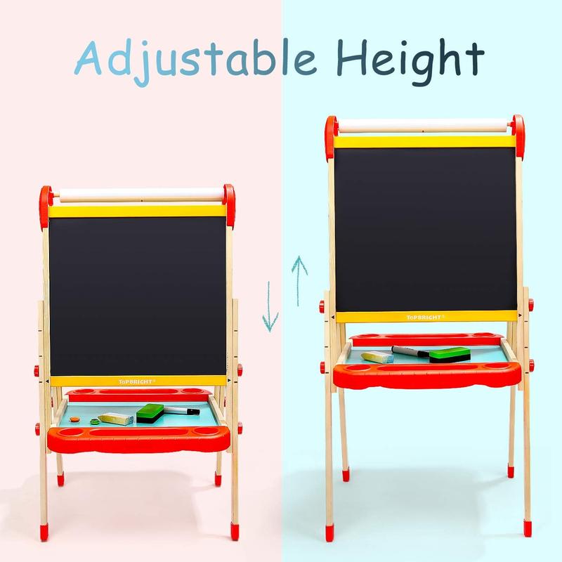 TOP BRIGHT Wooden Art Easel for Kids, Toddler Easel Adjustable with Painting Whiteboard, Child Easel with Magnetic Blackboard