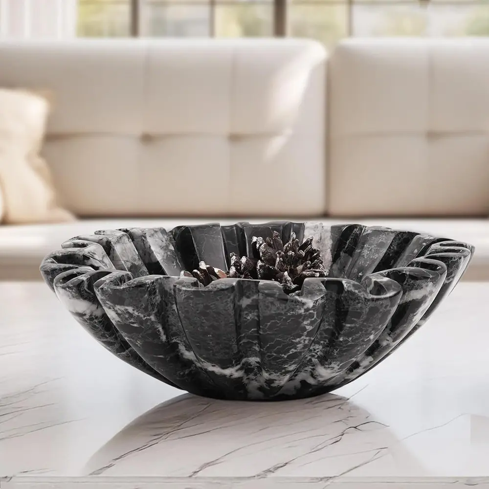 Elborse Marble Ruffle Bowl Handmade 8 inch Fruit Bowl for Kitchen Table Centerpiece, Decorative Scallop Bowl for Entryway and Coffee Table, Modern Marble Bowl for Home Décor