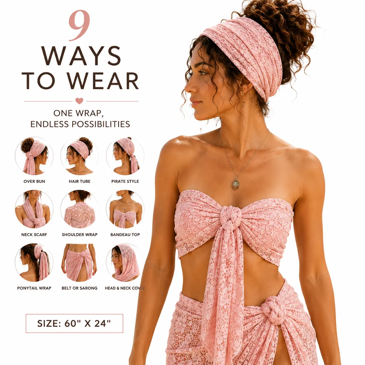 9-Way Convertible Lace Wrap | Boho Hair Scarf, Beach Sarong, Bandeau Top & Cottagecore Scarf | Handmade in USA