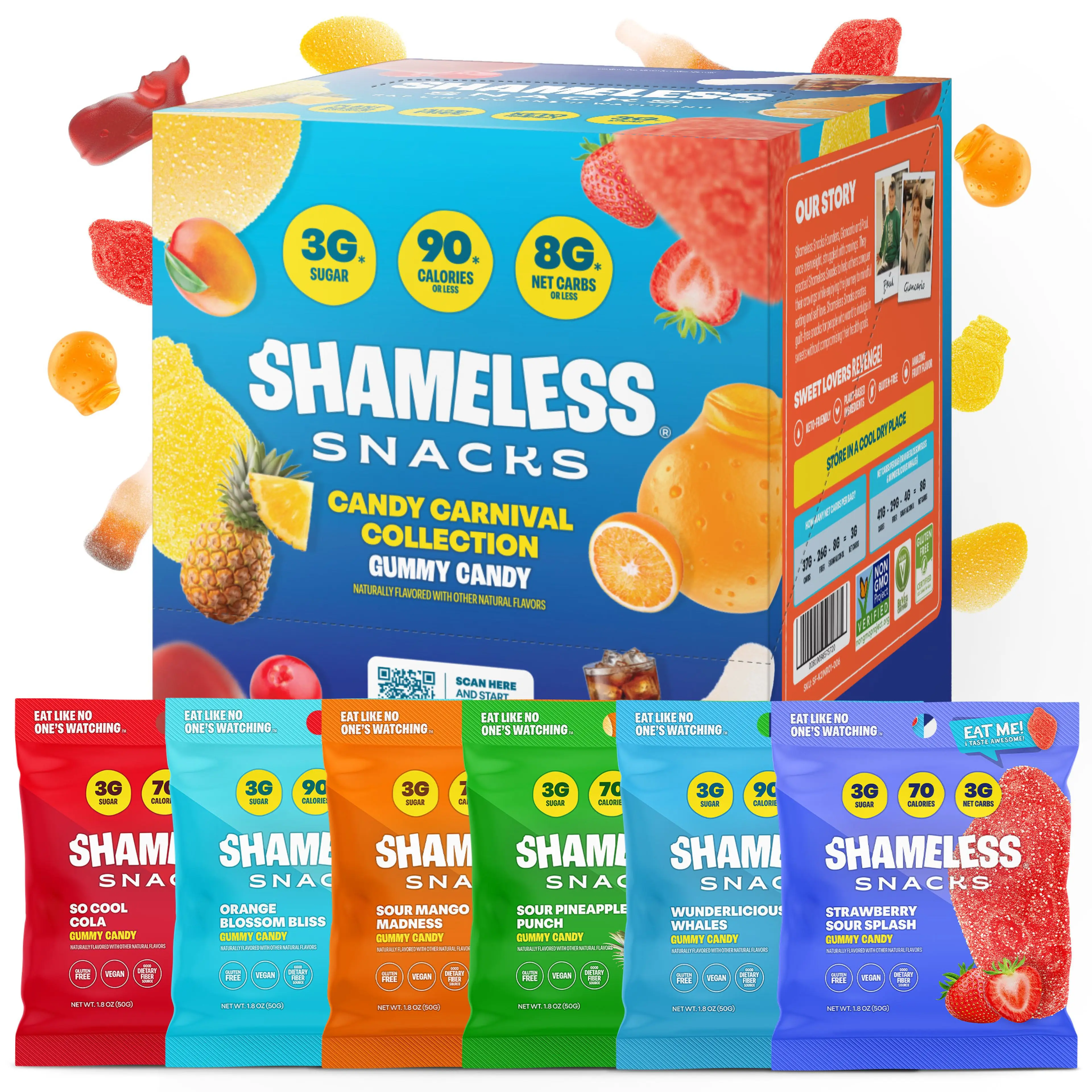 Shameless Snacks Candy Carnival Collection - Vegan Low Sugar Gummy Candy with Pineapple Mango Orange Strawberry & Cola Flavors - Keto Friendly Gluten-