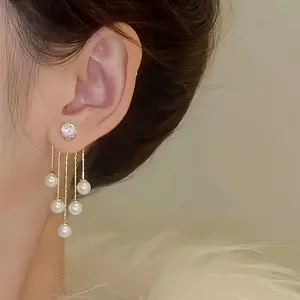 1 Pair Elegant Long Tassel Dangle Earrings for Women, Golden-Tone Alloy Rhinestone Decor Drop Earrings, Fashion Jewelry for Daily Wear Party Wedding, 1.69*0.79inch