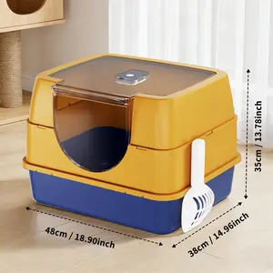 Large Enclosed Cat Litter Box with Flip-Top Lid, Stainless Steel Metal Litter Pan, High Sided Odor Control Covered Pet Toilet with Scoop
