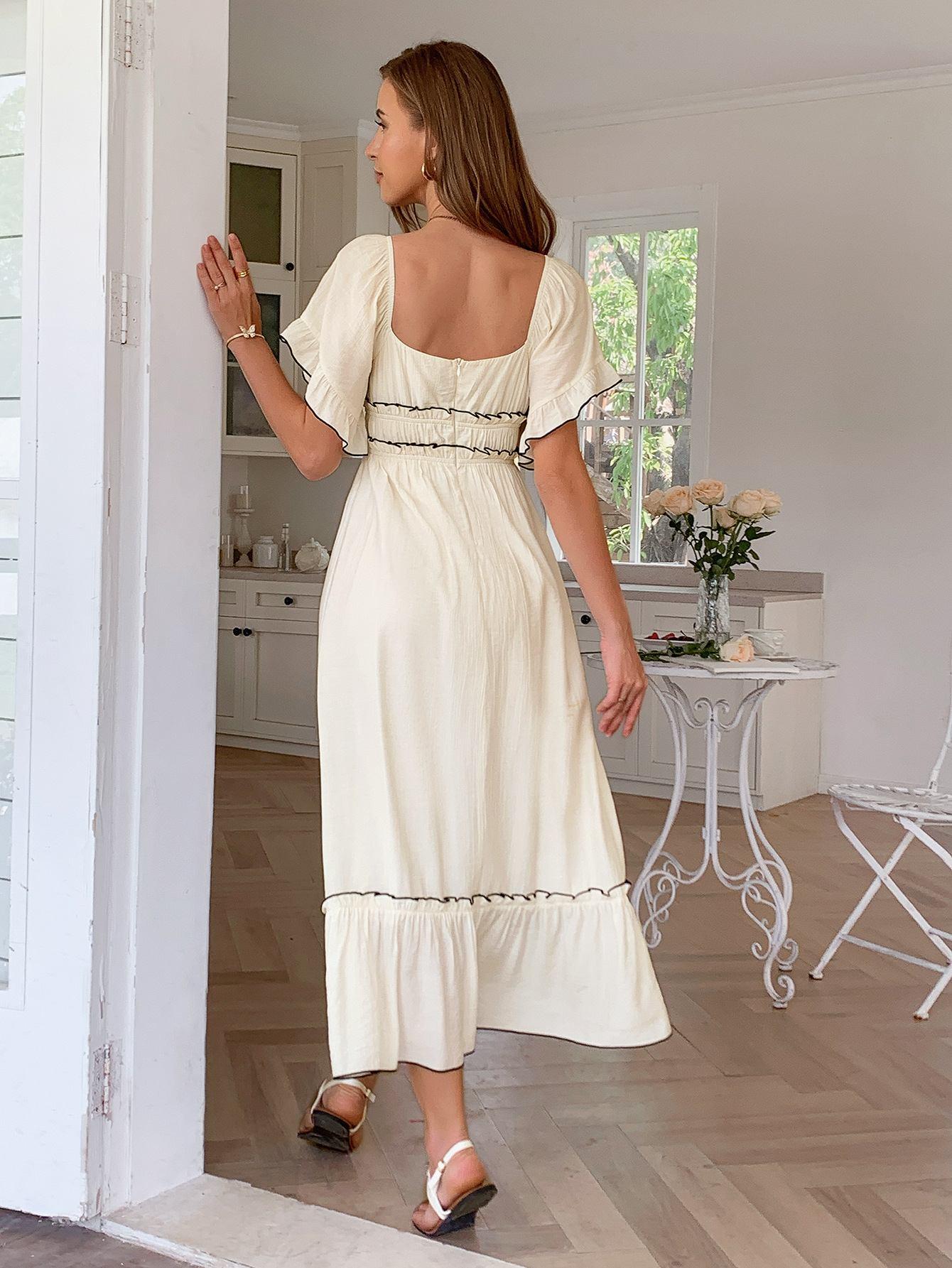 European And American Leisure Vacation Style Stringy Selvedge Short Sleeve Dress