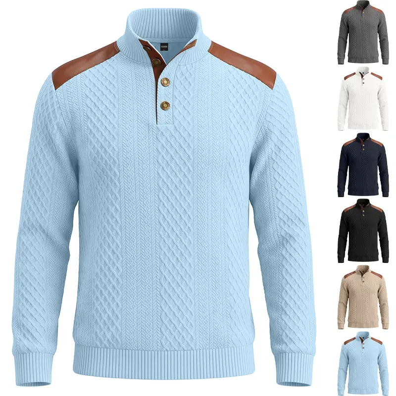Men's Affordable Luxury Cable-Knit Henry Sweatshirt Tops - Leather Shoulder Panels, Mock Neck, 3-Button Placket, Long Sleeves, Retro Textured Rib-Knit Hem, Versatile Pullover for Autumn Winter Business Casual Wear